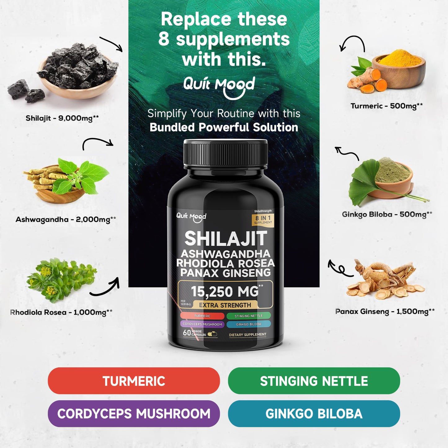 Shilajit Ashwagandha Rhodiola Rosea panax ginseng