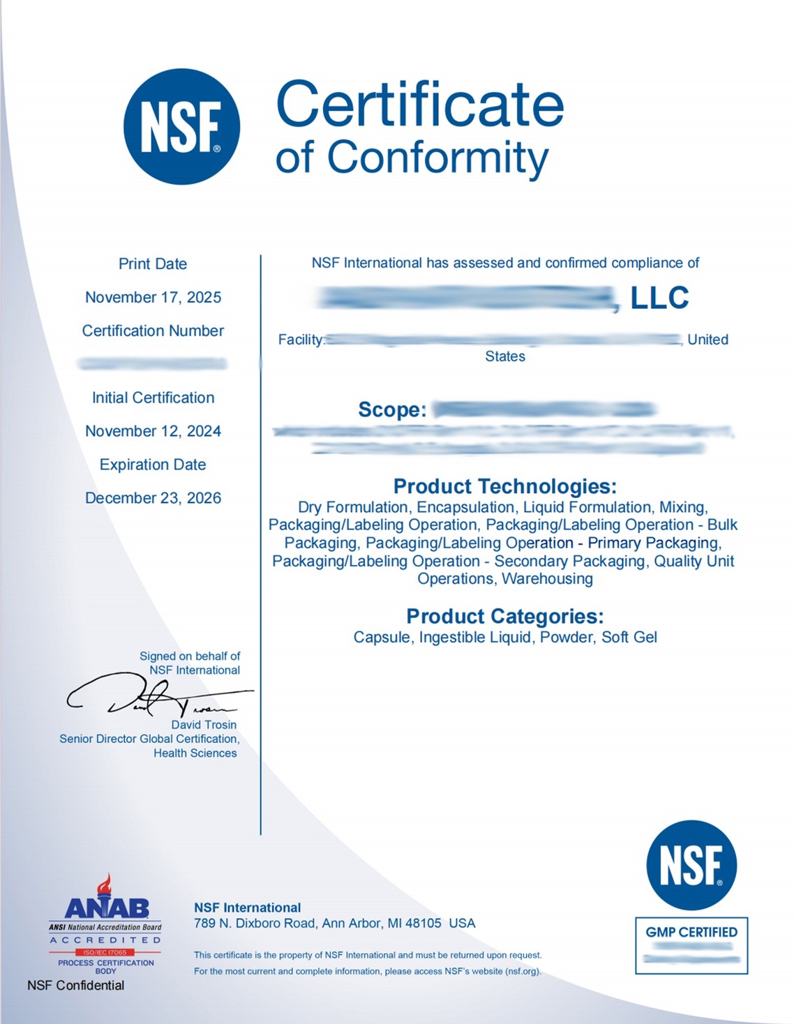 NSF Certificate of Conformity issued to our manufacturing partner